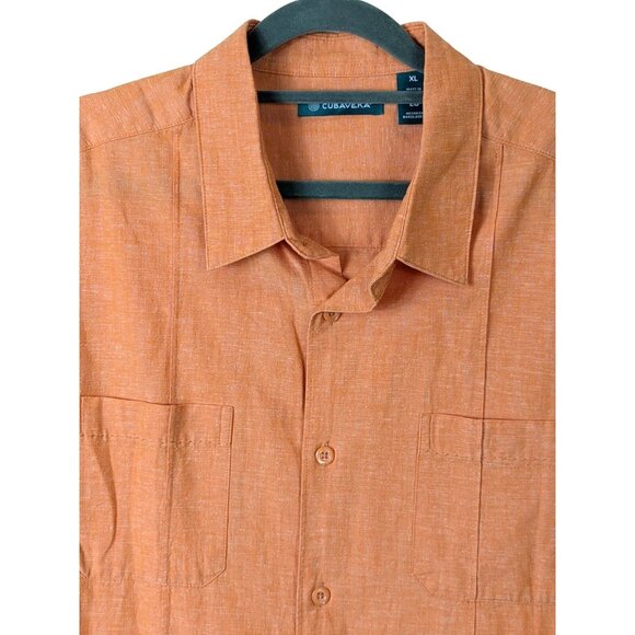 Cubavera Men Size XL Solid Orange Cotton & Linen Short Sleeve Casual Cuban Shirt - Picture 2 of 16